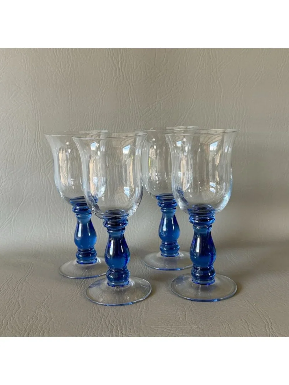 Vintage Royal Blue Stem Wine Glasses Water Goblets Tulip Clear Bowl Set of 4